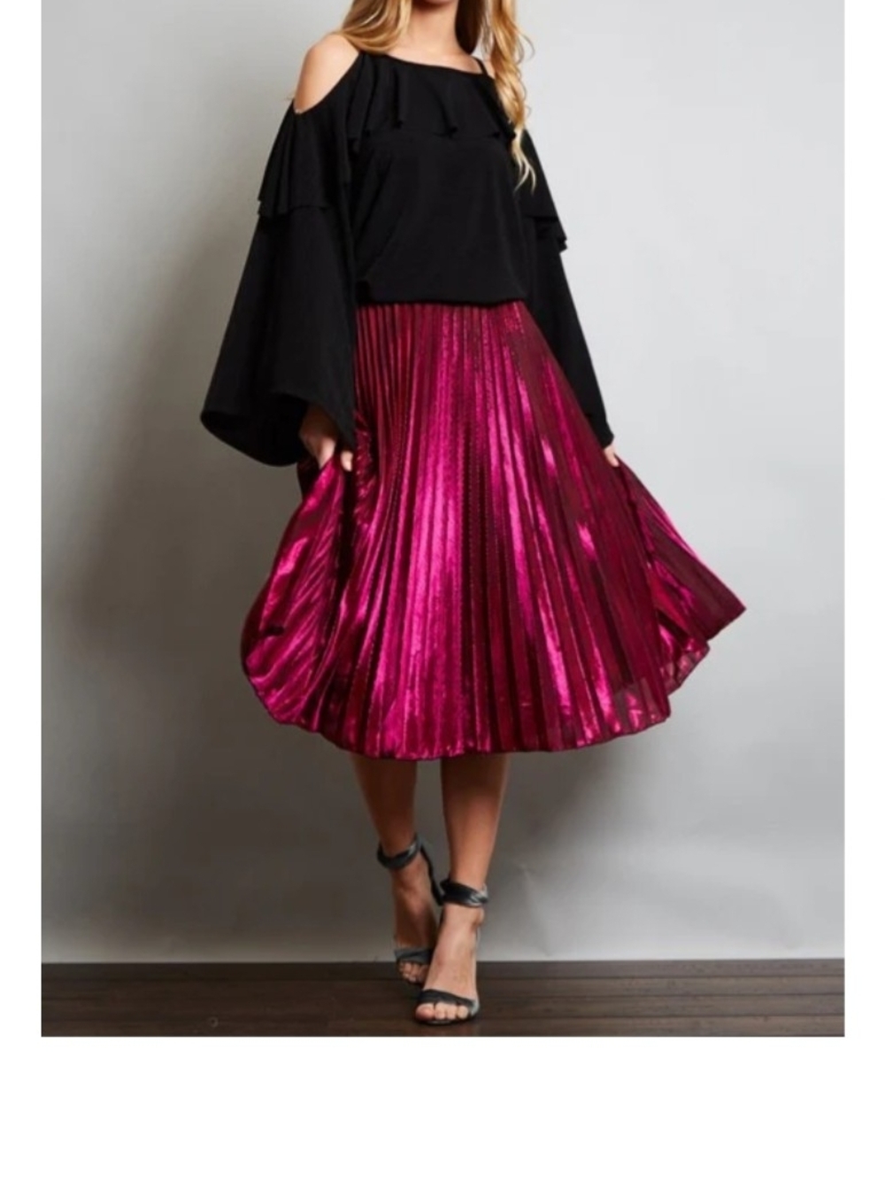 Metallic Pleated Midi Skirt in  Cosmic Pink by Dress Album  NW/oT.